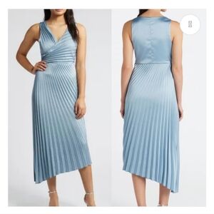 Sam Edelman V Neck Satin Plisse Pleated Asymmetric Hem Dress Steel Slate Blue 6